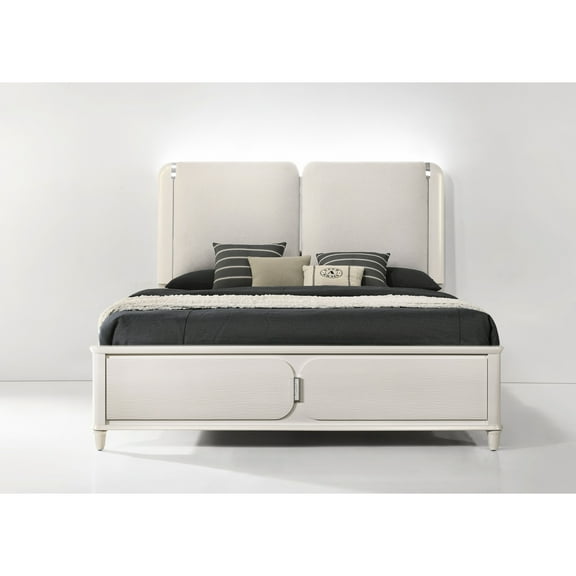 Gray & Pearl White Eastern King Bed With Led, Cozy Upholstered Headboard, Stable Construction, Box Spring Essential And Design, Upholstery, Robust Build, Required