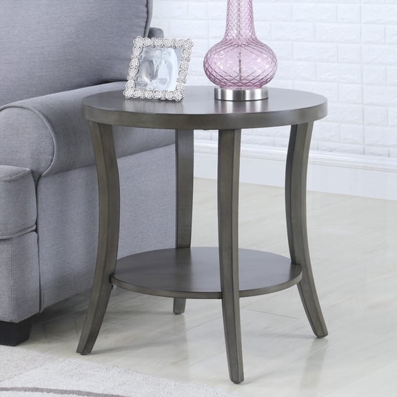 Gray Perth Oval Shelf End Table - Round Birch Wood Veneer Top and Additional Storage Space