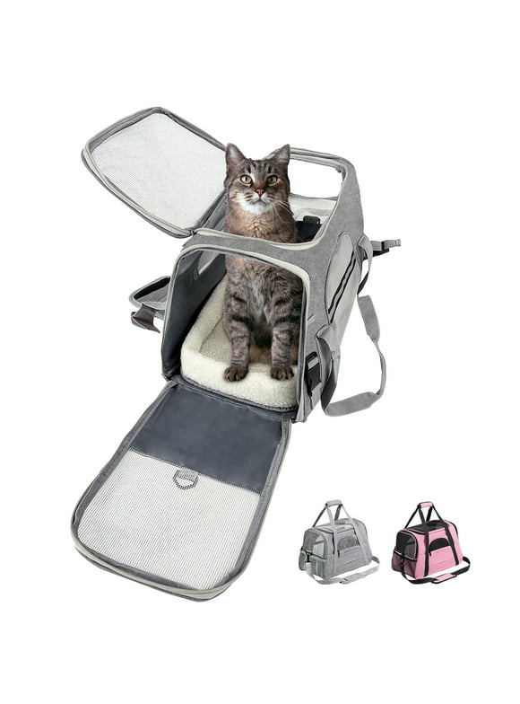 Gray Pet Cat Carrier Airline Approved, Dog Carriers for Small Dogs, Collapsible Dog Cat Travel Carrier Bag for Small Medium Cat