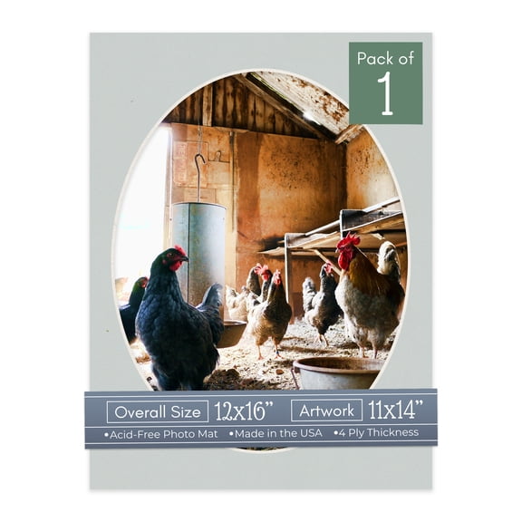 Gray Picture Frame Mat for 12x16 Frames - Oval Opening for 11x14 Photos - 1 Mat