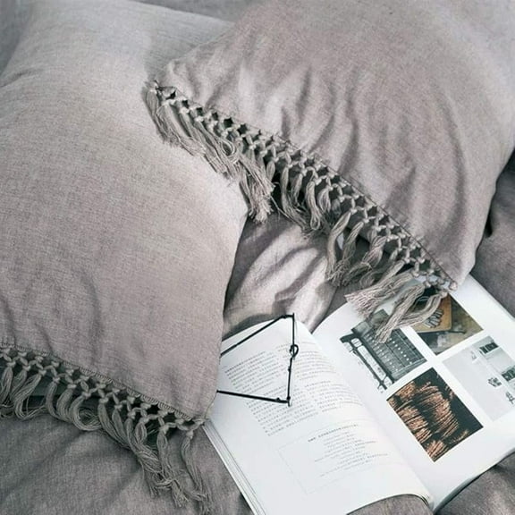 Gray Pillow Covers Cases Shams Grey Pure Cotton Slips with Tassels Boho Queen Size 20x30 Inch 2 Pcs Solid