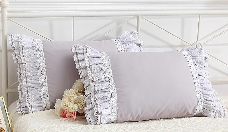 Gray Pillow Shams with Lace Ruffles Shabby Chic Cotton Queen Size Grey Pillowcases 20"x 30" 2-Pack