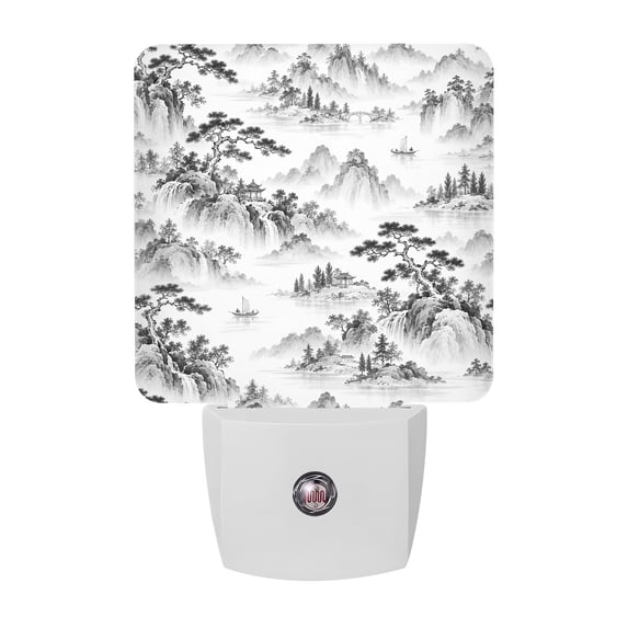 Tree Led Night Light Gray Pine Trees LED Night Light, Chinoiserie Scenic Ink Wash Mountain ...