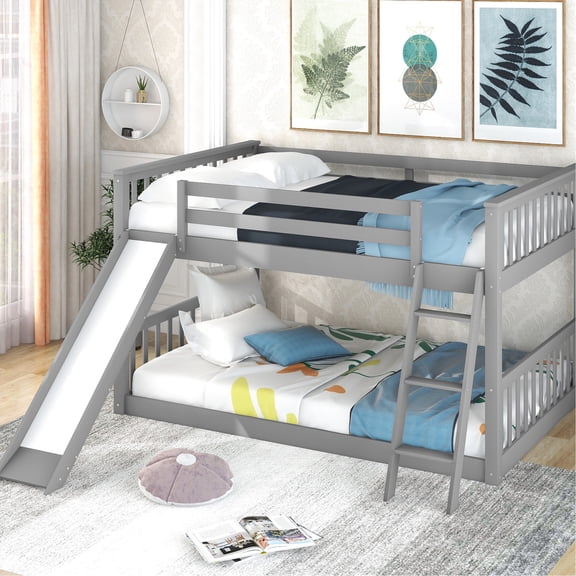 Gray Pine Wood Full over Full Bunk Bed / Guardrails for Safety, Slide for Fun and Easy Bed Access