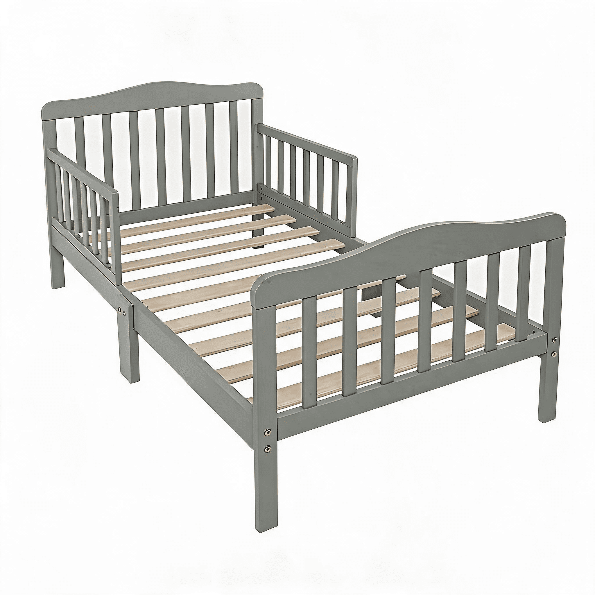 Gray Pine Wood Toddler Bed with Double Side Safety Guardrails, Low 8in Height Kids Transition Bed for Boys Girls Bedroom