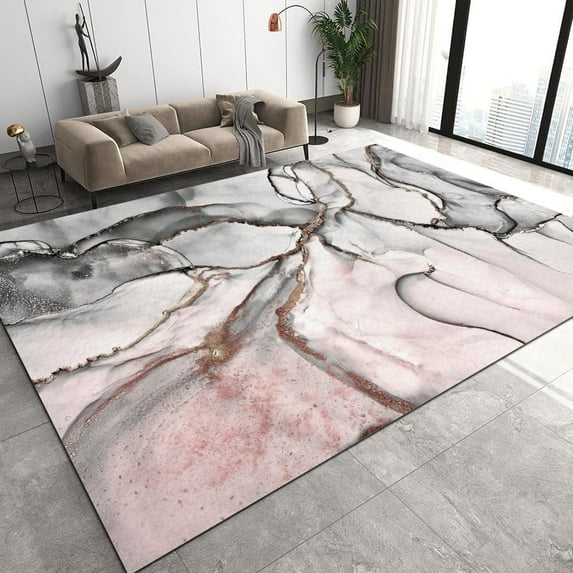 Gray Pink Ink Graffiti Area Rugs Gradient Irregular Crack Marble Entryway Rug Short Pile Non-Slip Soft Washable Indoor Carpet for Living Room Bedroom 4x6ft