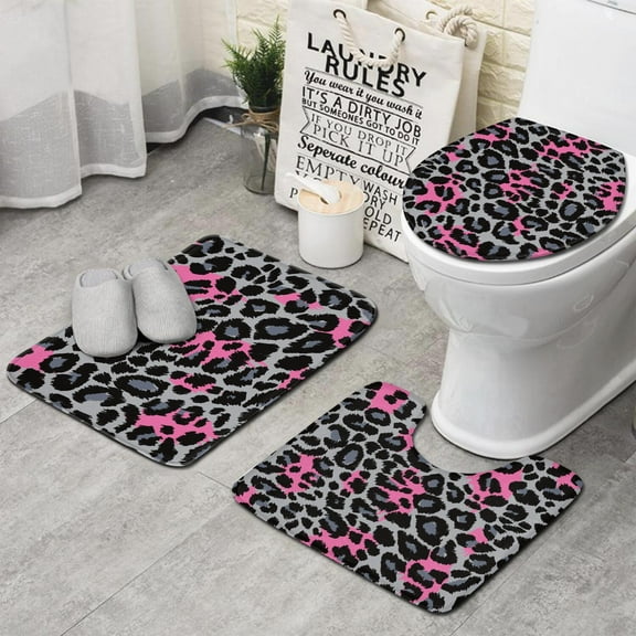 Gray and Pink Of Leopard Print Bathroom Rugs Sets 3 Piece,Toilet Cover Set,Absorbent Non Slip Bathroom Mats Sets with U-Shaped Contour Rug Toilet Rug Set