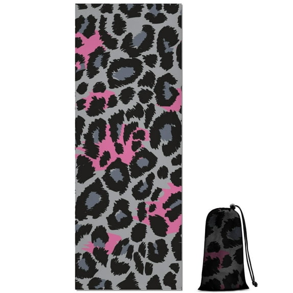 Gray and Pink Of Leopard Print Hot Yoga Mat Towel Non Slip for Hot Yoga - Quick-Drying Yoga Mat Cover with 4 Corner Pockets with Travel Bag - Hot Yoga Towel Non Slip 70"x26"