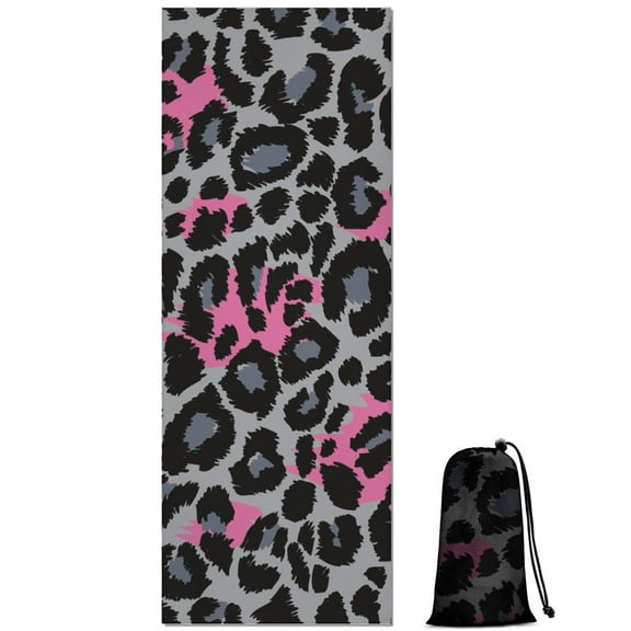 Gray and Pink Of Leopard Print Hot Yoga Mat Towel Non Slip for Hot Yoga - Quick-Drying Yoga Mat Cover with 4 Corner Pockets with Travel Bag - Hot Yoga Towel Non Slip 70"x26"