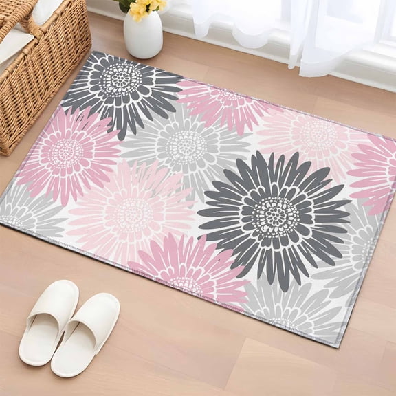 Gray Pink Sunflower 2'x3' Rug for Entryway Front Door Kitchen Sink Area, Abstract Blooming Floral Countryside Low Pile Washable Non Slip Rectangle Area Rug