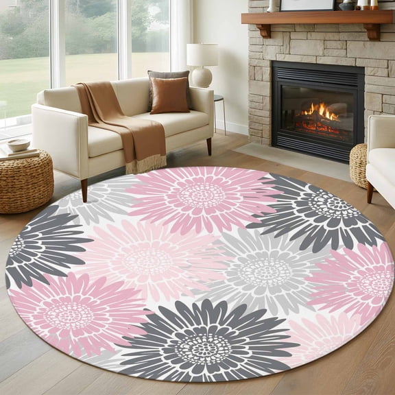 Gray Pink Sunflower 6' Round Rug for Living Room Under Coffee Table, Abstract Blooming Floral Countryside Low Pile Washable Non Slip Circle Area Rug