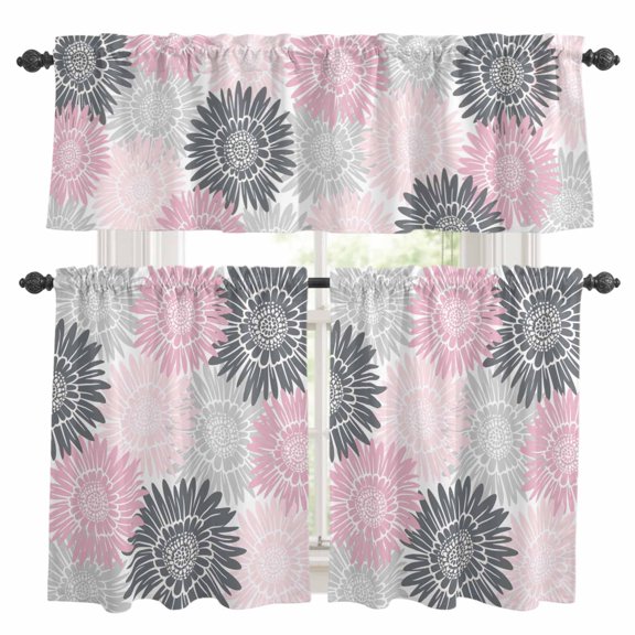 Gray Pink Sunflower Kitchen Curtains Valances and Tiers Set of 3 Abstract Blooming Floral Countryside Tier Curtains and Valance with Rod Pocket for Small Windows, 27.5"x24"