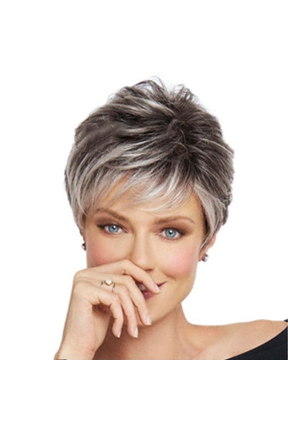 Gray Pixie Cut Wig for Women, Fluffy Gradient Short Synthetic Wig Natural Looking Hair Replacement Wig(Black,One Size)
