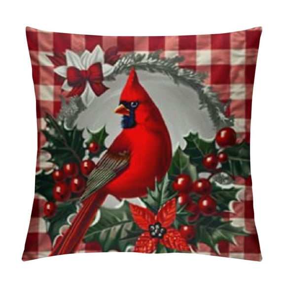 Gray Plaid Bird Pattern Throw Pillow Covers - Sparrow Flower Sofa Bed Decoration , Checkered Square Cushion Cover Sets - Four Pillows Set