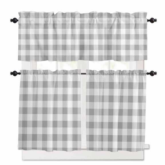 Gray Plaid Kitchen Curtains Valances and Tiers Set of 3, Line Geometric 24 Inch Length Tier Curtains and Valance Rod Pocket Valance Curtains Set for Kitchen Bathroom Small Windows