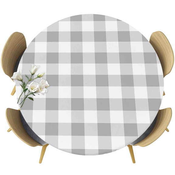 Gray Plaid Round Fitted Tablecloth with Elastic Edge, Gray Gradient Stretch Table Covers for 36"-44" Tables Wipeable Table Cloth for Outdoor