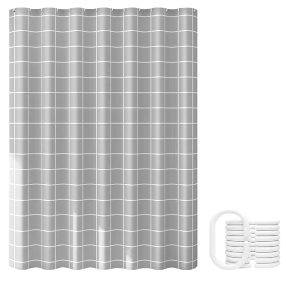 Gray Plaid Shower Curtain, 78.7 x 78.7 in / 200 x 200 cm, Plastic Bathroom Curtain with Hooks, Modern Waterproof