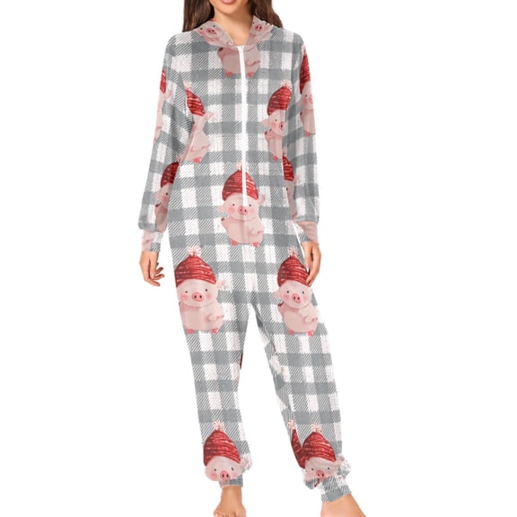 Gray Plaids Cute Pigs with Christmas Hats Adult's Hoodie Onesie Jumpsuit One-Piece Pajamas with Zipper Unisex for Holiday S