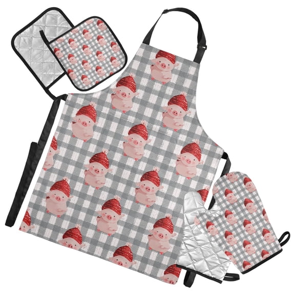 Gray Plaids Cute Pigs with Christmas Hats Apron Set with Oven Mitts Pot Holders Set of 5 Kitchen Stuff Accessories