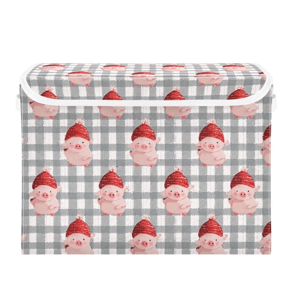Gray Plaids Cute Pigs with Christmas Hats Foldable Storage Bins with Lids Handles Collapsible Storage Containers Tote Boxes 16.5 x 12.6 x 11.8 inches