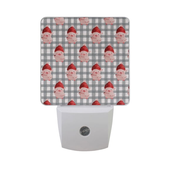 Gray Plaids Cute Pigs with Christmas Hats LED Night Light Sensor Lamp Plug-in Adjustable Brightness 2 Pack