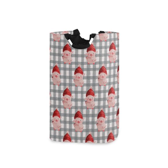 Gray Plaids Cute Pigs with Christmas Hats Laundry Basket with Handles Foldable Laundry Hamper Freestanding Washing Bin 50L