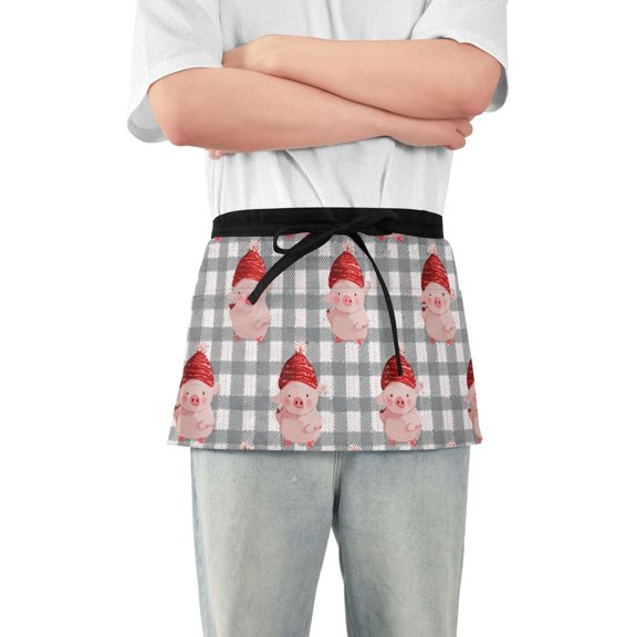Gray Plaids Cute Pigs with Christmas Hats Short Server Apron with 3 Pockets for Unisex Chef Gardening