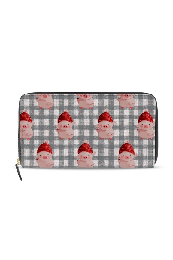 Gray Plaids Cute Pigs with Christmas Hats Women's Long Zipper Wallet Bifold Clutch Purse PU Leather Card Cases