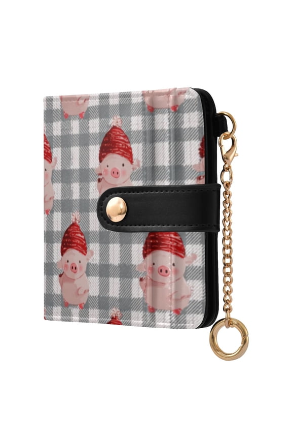 Gray Plaids Cute Pigs with Christmas Hats Women's Wallet PU Leather Card Cases RFID Blocking Purse Billfold with Key Ring