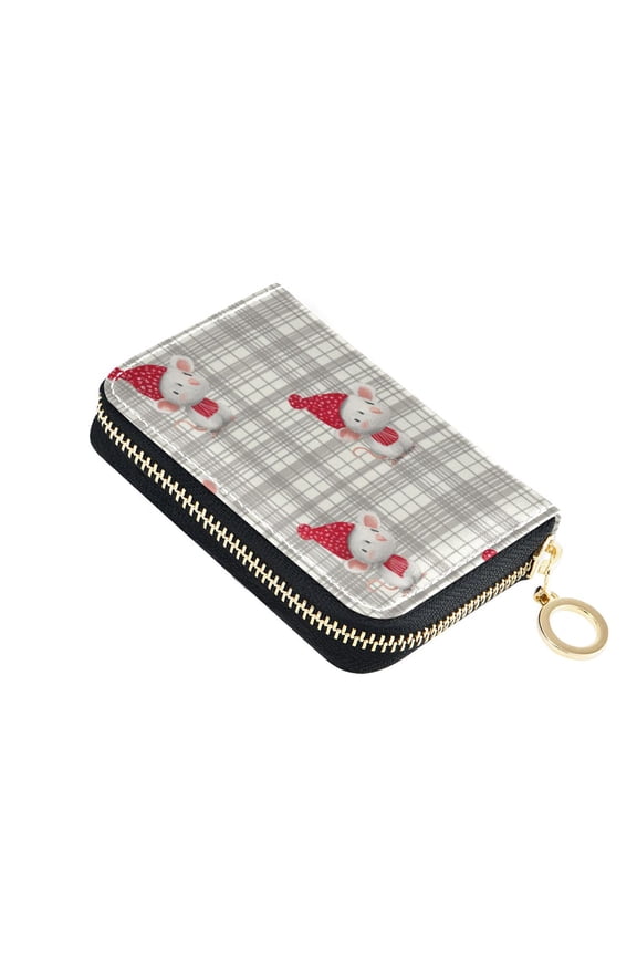 Gray Plaids Mouse Dress in Christmas Women's Credit Card Holder PU Leather Zipper Wallet RFID Blocking