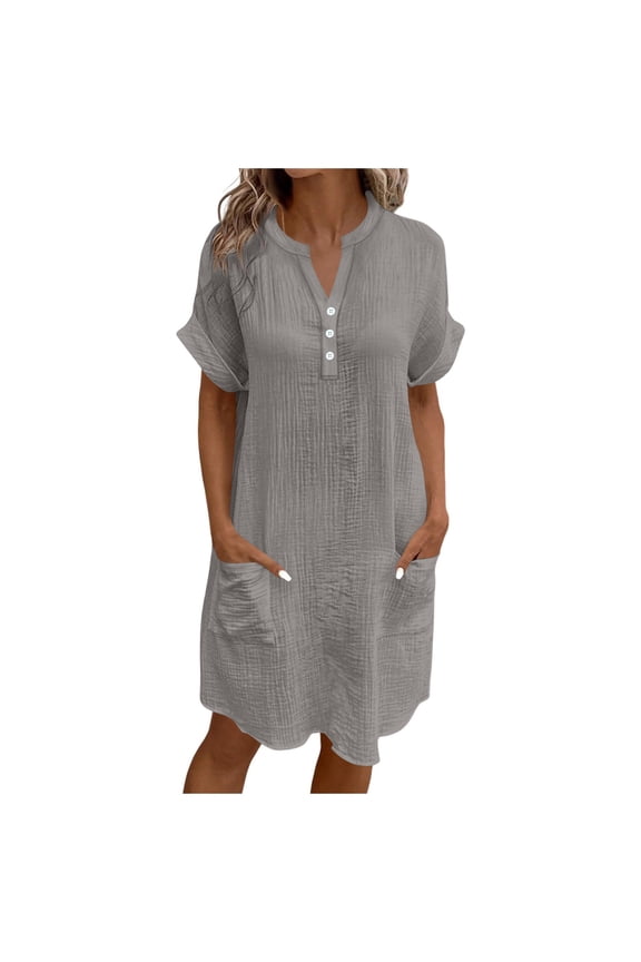 Gray Plain Dress for Women Summer Fall Short Sleeve V Neck Midi Knee High Dress Ladies Button 2025 Clothes Country Concert S