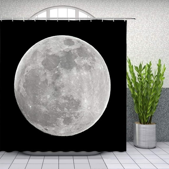 Gray Planet Shower Curtain Space Moon Bathroom Decor Black Background Polyester Fabric Hanging Curtains Sets 70 x 70 Inches Include Hooks