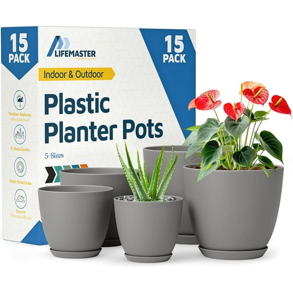 Gray Plant Pots with Drainage Holes & Saucers 15 Packs, Indoor & Outdoor Stackable Plastic Planters in Multiple Sizes for Houseplants & Flowers, Durable & Weatherproof Materials, Matte Finish