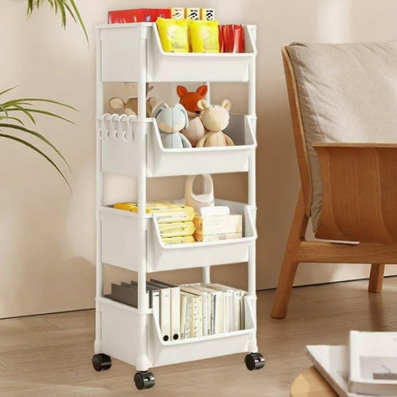 Gray Plastic 4-Tier Storage Cart with Wheels, 95x30x20 cm Kitchen Organizer, Living Room Snack Shelf, Bathroom Toiletries Cart, Book & Toy Organizer