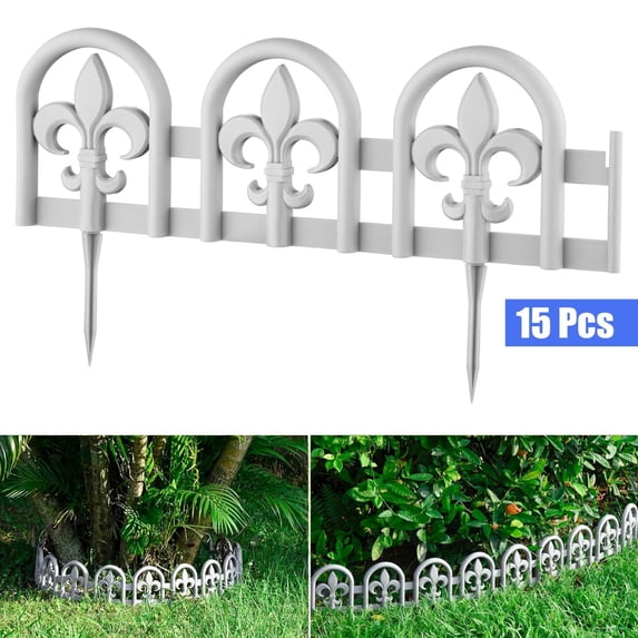 Gray Plastic Garden Border Edging No-Dig Wrought Iron Look – 15pcs Fence Kit, 20ft Lawn Barrier