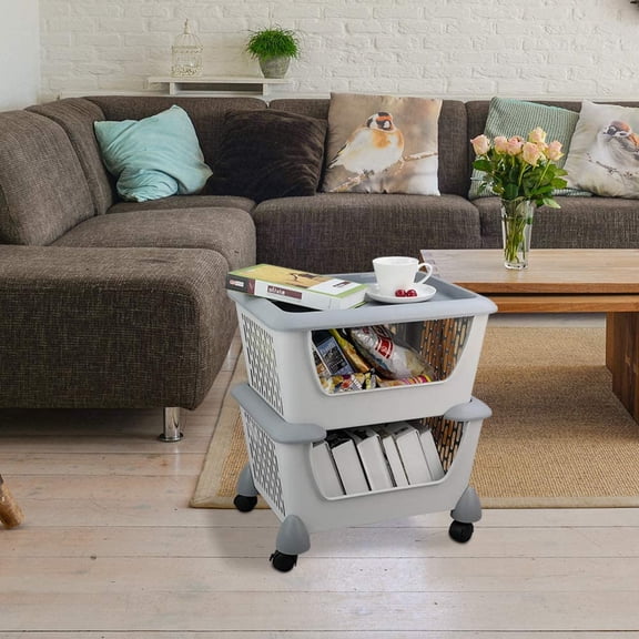Gray Plastic Kitchen Stackable Storage Basket, 3-Tier Stacking Organizer Basket with Wheels