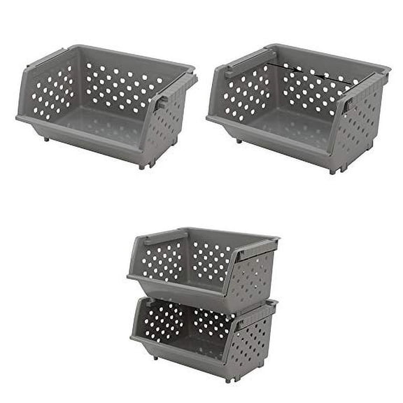 Gray Plastic Stacking Organizer Basket, Stackable Storage Basket, Set of 3