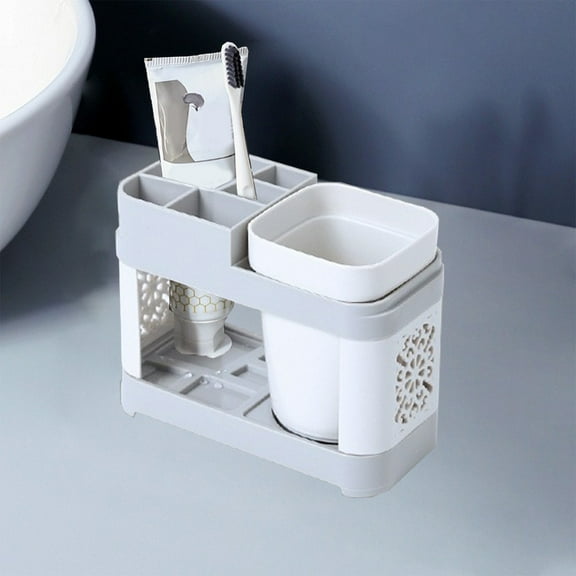 Gray Plastic Toothbrush Holder with 2 Mouthwash Cups - Family Bathroom Organizer Stand for Toothbrush, Toothpaste & Hair Brushes, 9.05x4.72x2.95in