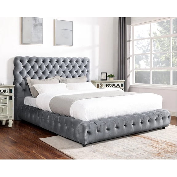 Gray Platform Bed Queen Size 1pc Button Tufted Glam Bedroom Furniture