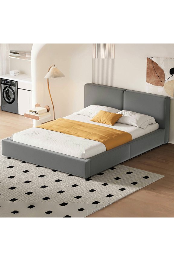 Gray Platform - Contemporary Look with Velvet - Modern Bedroom / Enhances Room Aesthetics