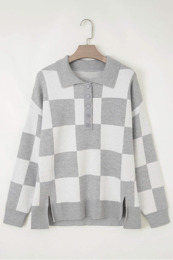 Gray Plus Size Checkered Pattern Button Polo Collar Split Sweater