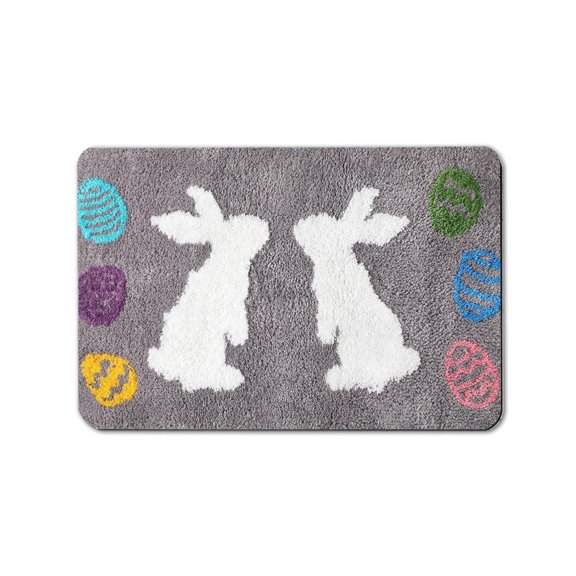 Gray Plush Bunny Easter Egg Pattern Bath Rug 20"x32", Skid Proof Absorbent Floor Mat for Kitchen Bathroom