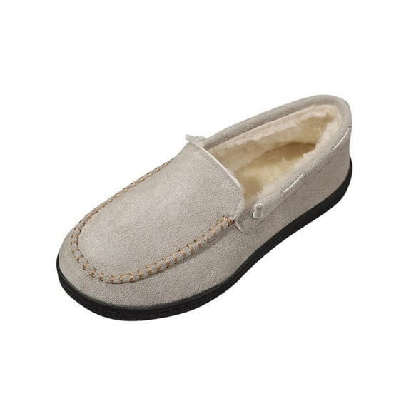 Gray Plush Lined Women'S Moccasin Shoes For Cold Days, Slip On Design With Comfortable Fit, Lightweight Casual Flat For Women