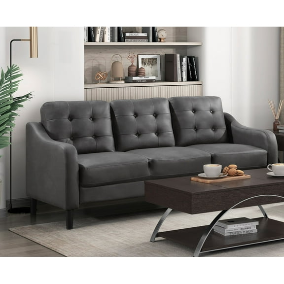 Gray Polished Microfiber Tufted Sofa - 77" 3-Seater Couch with Solid Wood Frame & Contoured Arms for Casual Living Rooms, Button Tufted Detail, Transitional Style