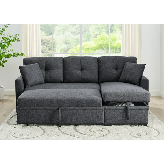 Gray Polyester Modular Sleeper Sectional Sofa L-Shape, 3-Seat, 54"x83"x35", Hidden Storage, Converts to Bed, Perfect for Apartments & Living Rooms