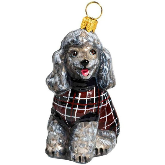 Gray Poodle in Checked Sweater Polish Glass Christmas Ornament