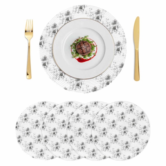 Gray Poppy Flowers Round 13 Inch Placemats Set of 4, Spring Eucalyptus Leaves Rustic HeatResistant Non Slip Place Mats for Dining Table, Wipeable Braided Kitchen Table Mats for Housewarming