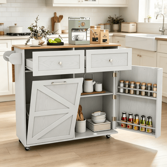 Gray Portable Kitchen Island Cart Rolling Drop Leaf Lockable Wheels Trash Storage Cabinet Drawers Towel Spice Rack Living Room Laundry 440 LBS Capacity 83 Pounds Net Weight Space Saving Foldable 42In