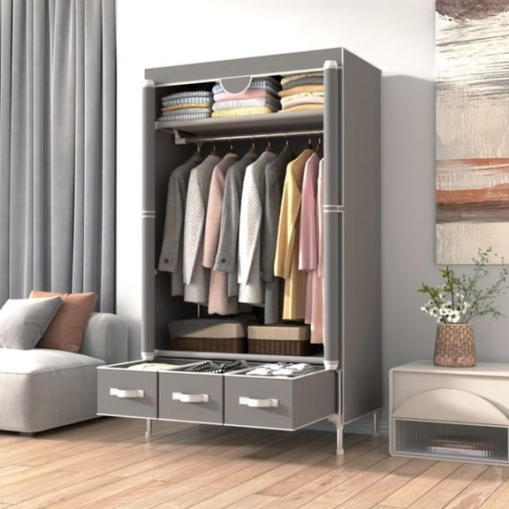 Gray Portable Wardrobe Closet with Rolling Curtain Door, Hanging Rod & 3 Drawers, Non-Woven Fabric Storage Organizer, Tool-Free Assembly, 35.4 x 17.7 x 67 Inches