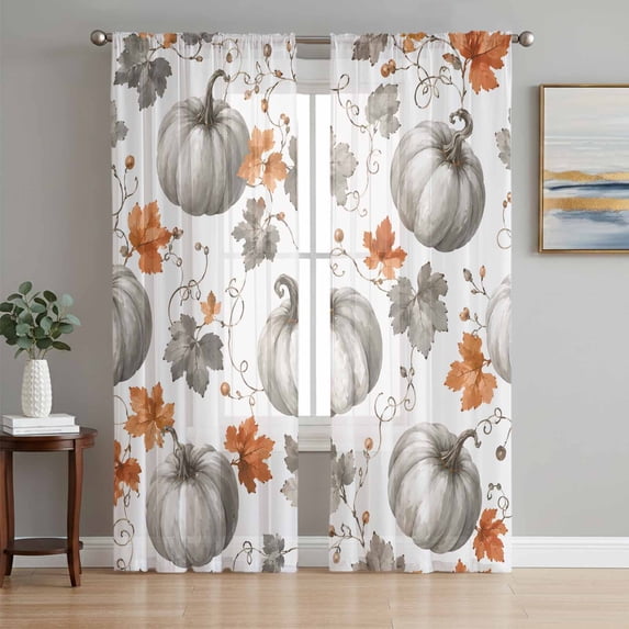 Gray Pumpkins Fall Sheer Curtains 96 Inch Length 2 Panels Set, Thanksg Maple Leaves Autumn Voile Window Treatment Semi Sheer Long Curtains Drapes for Bedroom/Living Room/Kitchen 52"x96"x2